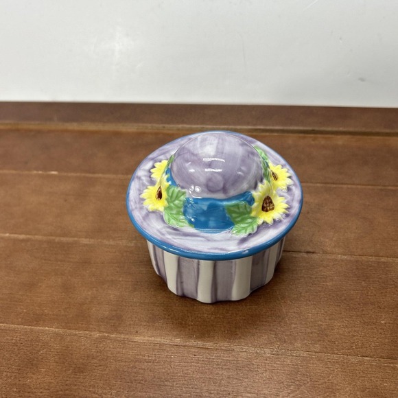 Sun Hat Garden Jewelry Trinket Box Yellow Sun Flowers Purple White‎ Stripes - Picture 4 of 6